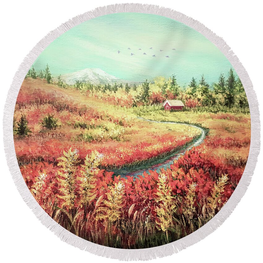 Autumn Landscape Round Beach Towel featuring the painting The Beauty of Autumn by Yoonhee Ko