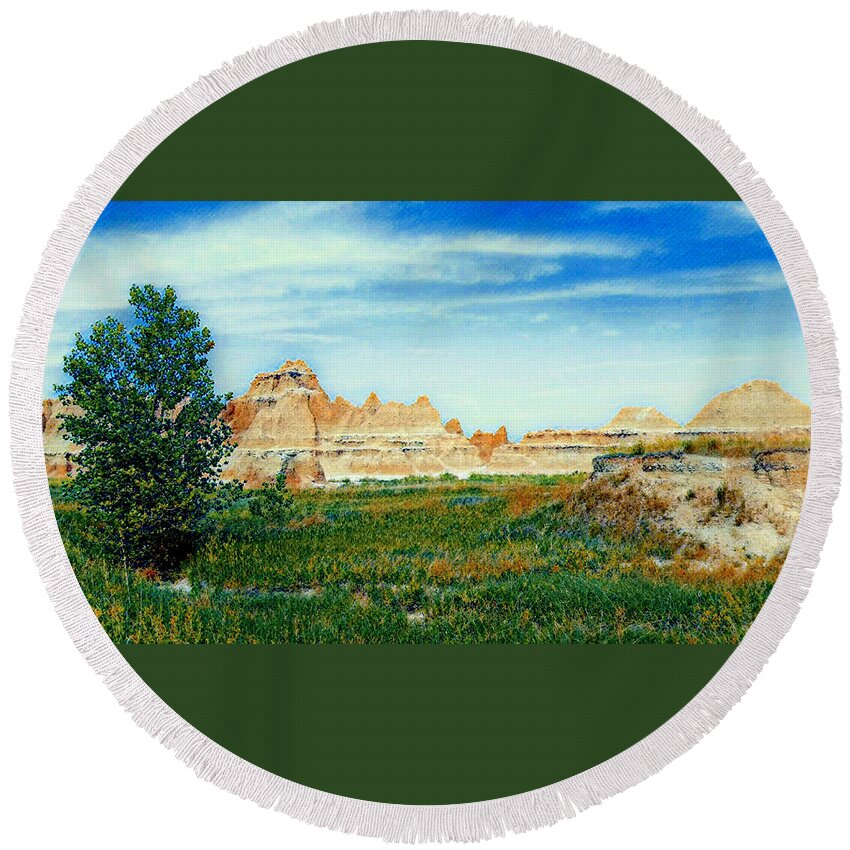 Badlands National Park Round Beach Towel featuring the mixed media The Beauty of the Badlands National Park by Ally White