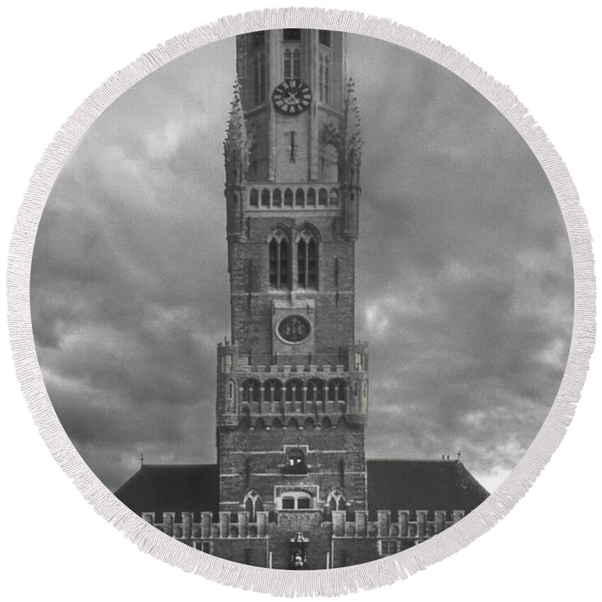 The Belfry Round Beach Towel featuring the photograph The Belfry Bruges 1960 by Frank Lee