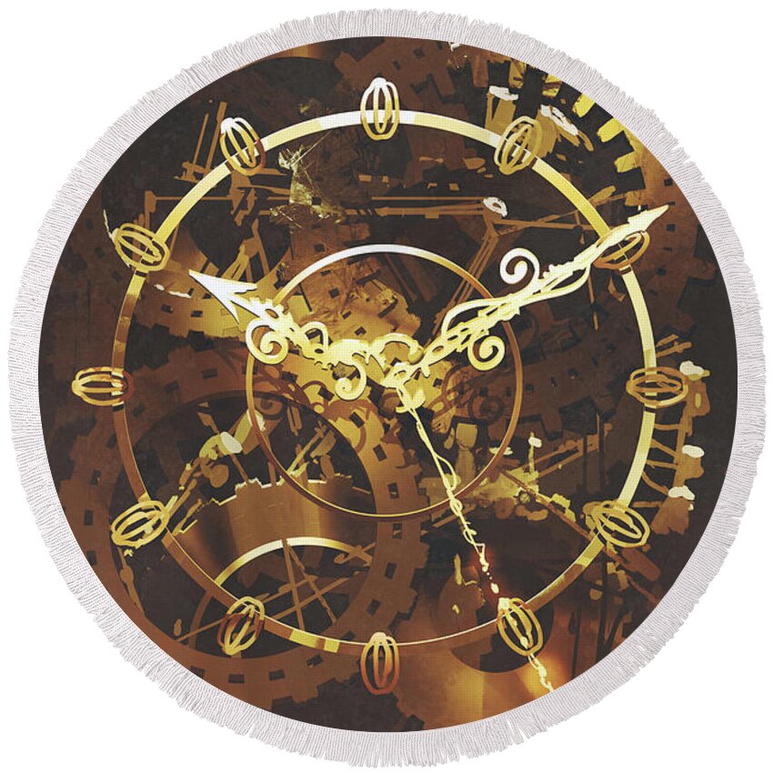 Acrylic Round Beach Towel featuring the painting The Big Golden Clockwork by Tithi Luadthong