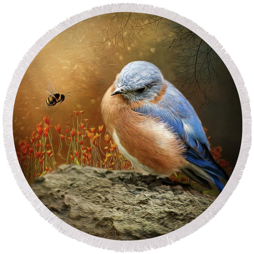 Bird Round Beach Towel featuring the digital art The Bird and the Bee by Maggy Pease