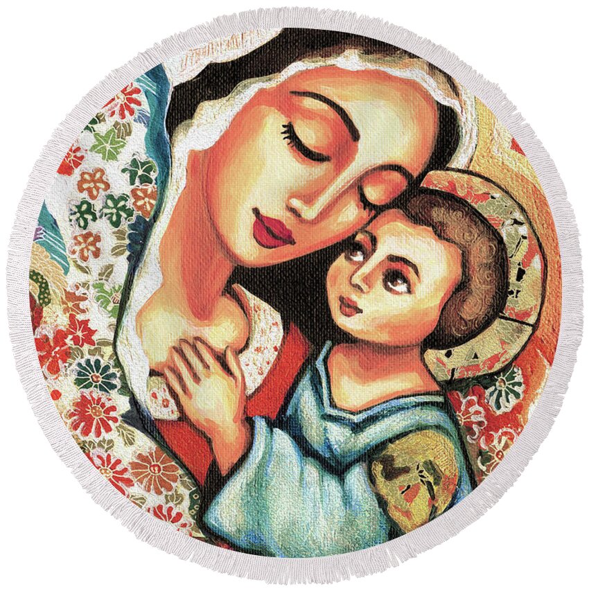 Mother And Child Round Beach Towel featuring the painting The Blessed Mother by Eva Campbell