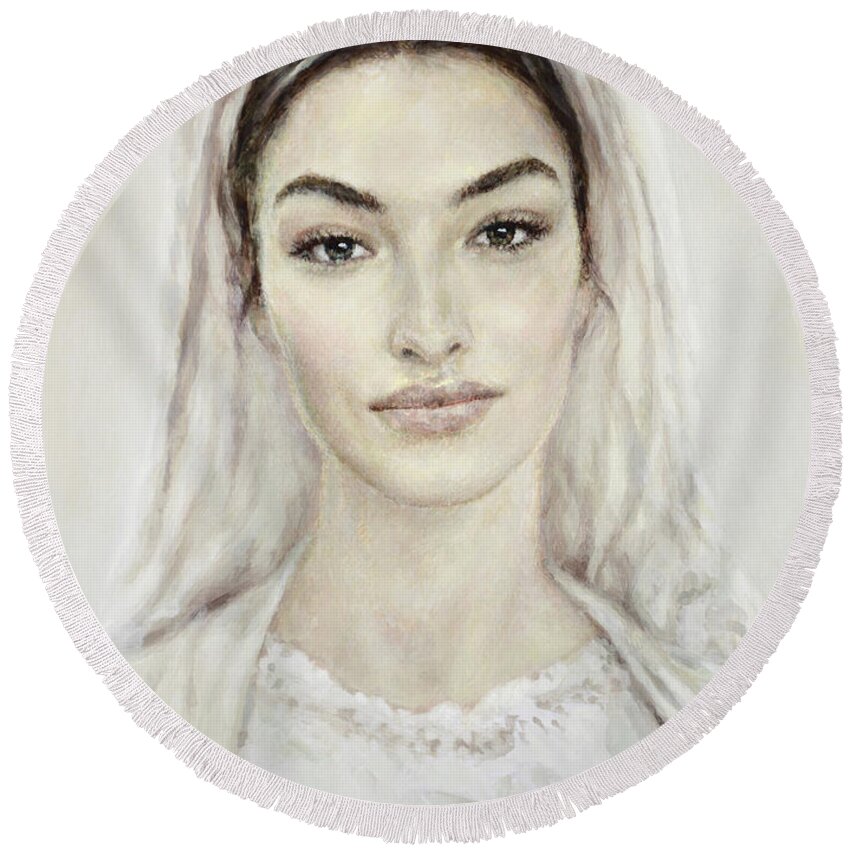 Our Round Beach Towel featuring the painting The Blessed Virgin by Cameron Smith