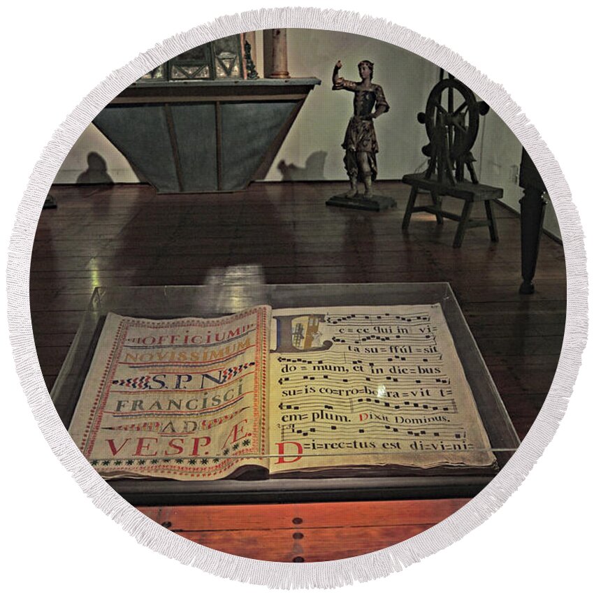 Book Round Beach Towel featuring the photograph The Book in the Glass Case - Mission Santa Barbara by Amazing Action Photo Video