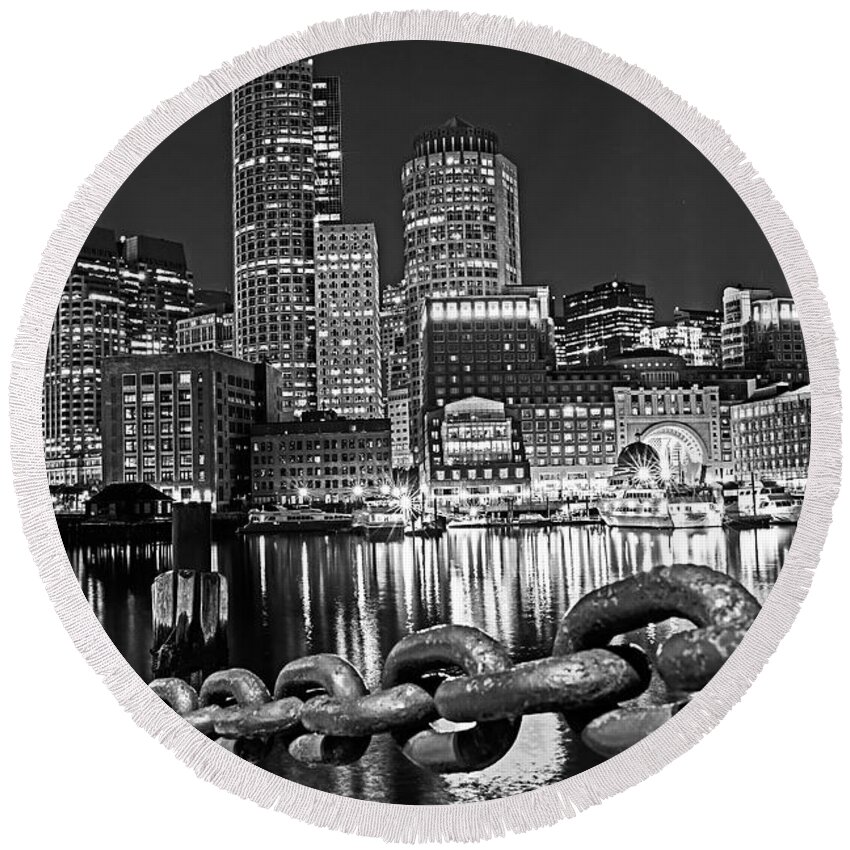 Boston Round Beach Towel featuring the photograph The Boston Skyline Reflected in Fort Point Channel at Night Boston Massachusetts Black and White by Toby McGuire