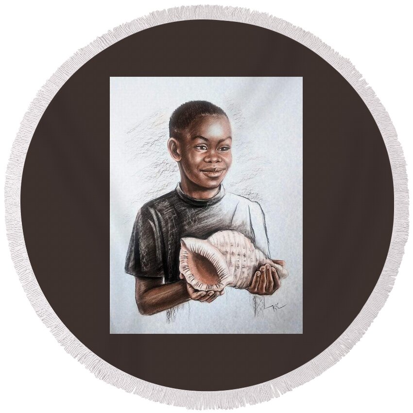 Boy Round Beach Towel featuring the painting The boy with the shell by Katerina Kovatcheva