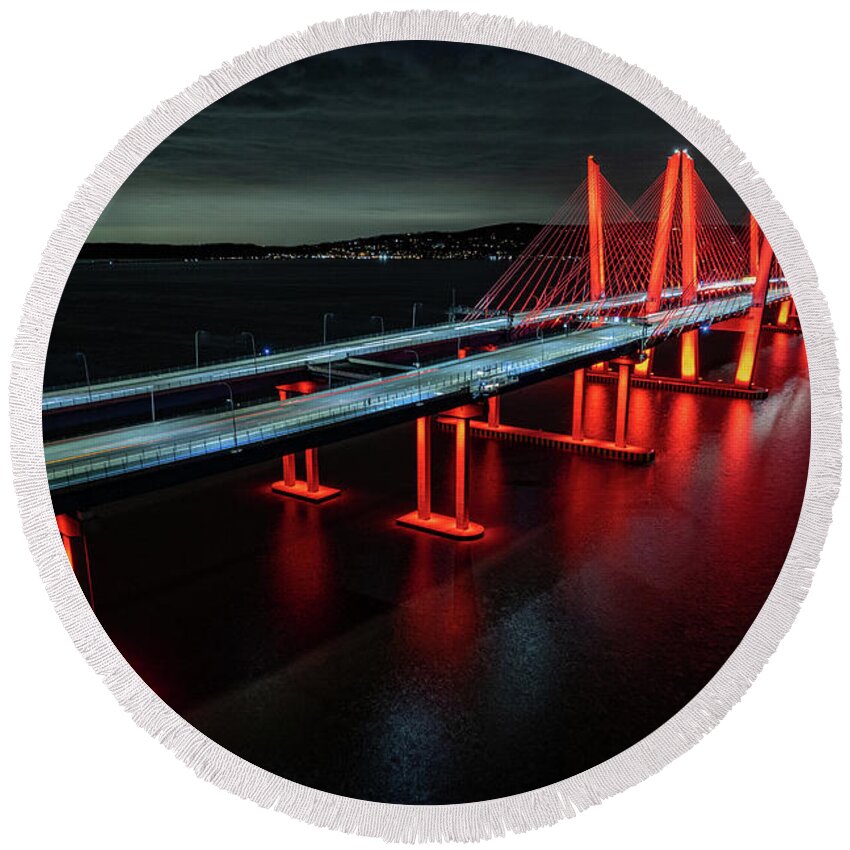 Hudson River Round Beach Towel featuring the photograph The Bridge in Red by Kevin Suttlehan