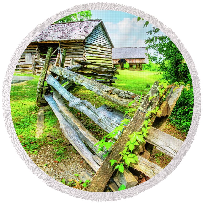 Barns Round Beach Towel featuring the photograph The Cabins and Cantilever Barn at Cades Cove Townsend Tennessee by Debra and Dave Vanderlaan