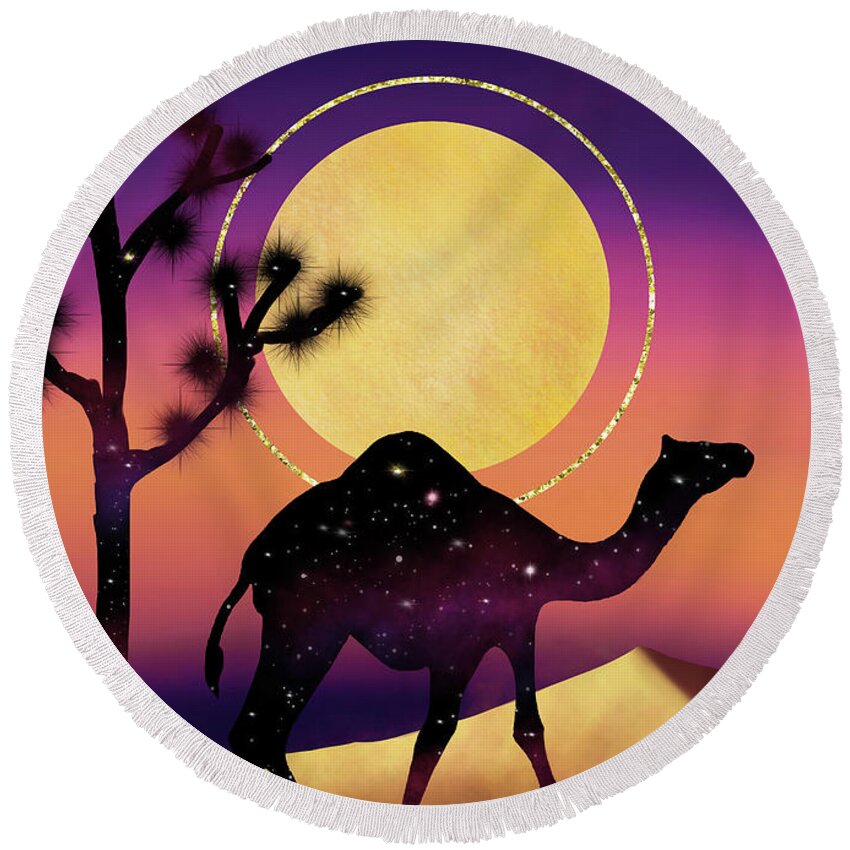 Camel Round Beach Towel featuring the digital art The Camel and the Joshua Tree by Rachel Emmett