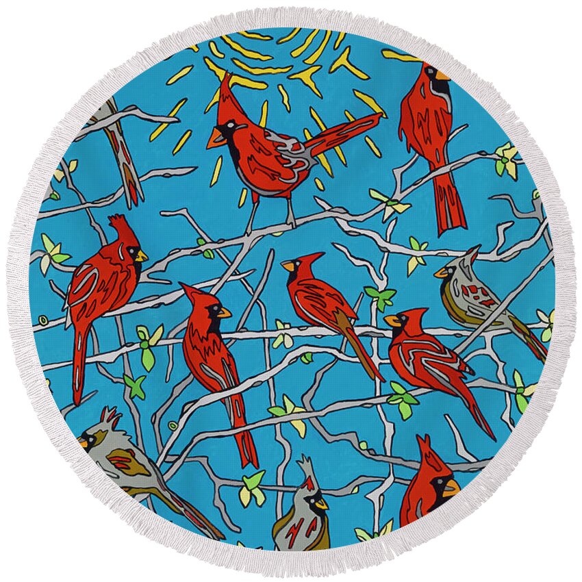 Cardinals Round Beach Towel featuring the painting The Cardinal Lounge by Mike Stanko