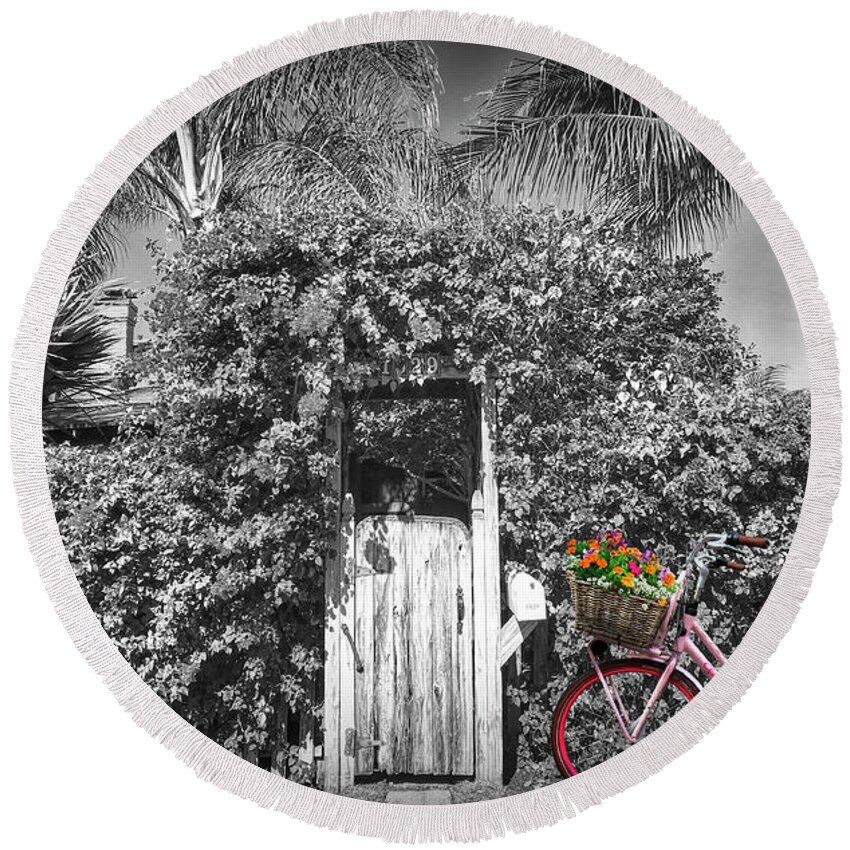 Clouds Round Beach Towel featuring the photograph The Charm of a Garden Gate in Black and White with Selected Colo by Debra and Dave Vanderlaan