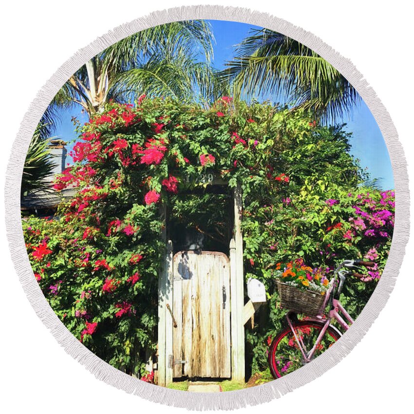 Clouds Round Beach Towel featuring the photograph The Charm of a Garden Gate Painting by Debra and Dave Vanderlaan