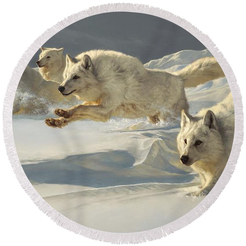 Wolf Wolf Pack Arctic Wolf Alpha Greg Beecham Wildlife Animal Painting Print Oil Painting Oil On Linen Round Beach Towel featuring the painting The Chase by Greg Beecham