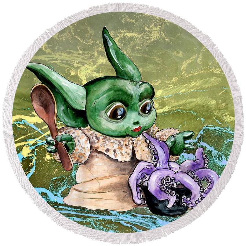 Watercolour Round Beach Towel featuring the painting The Child Yoda 05 by Miki De Goodaboom