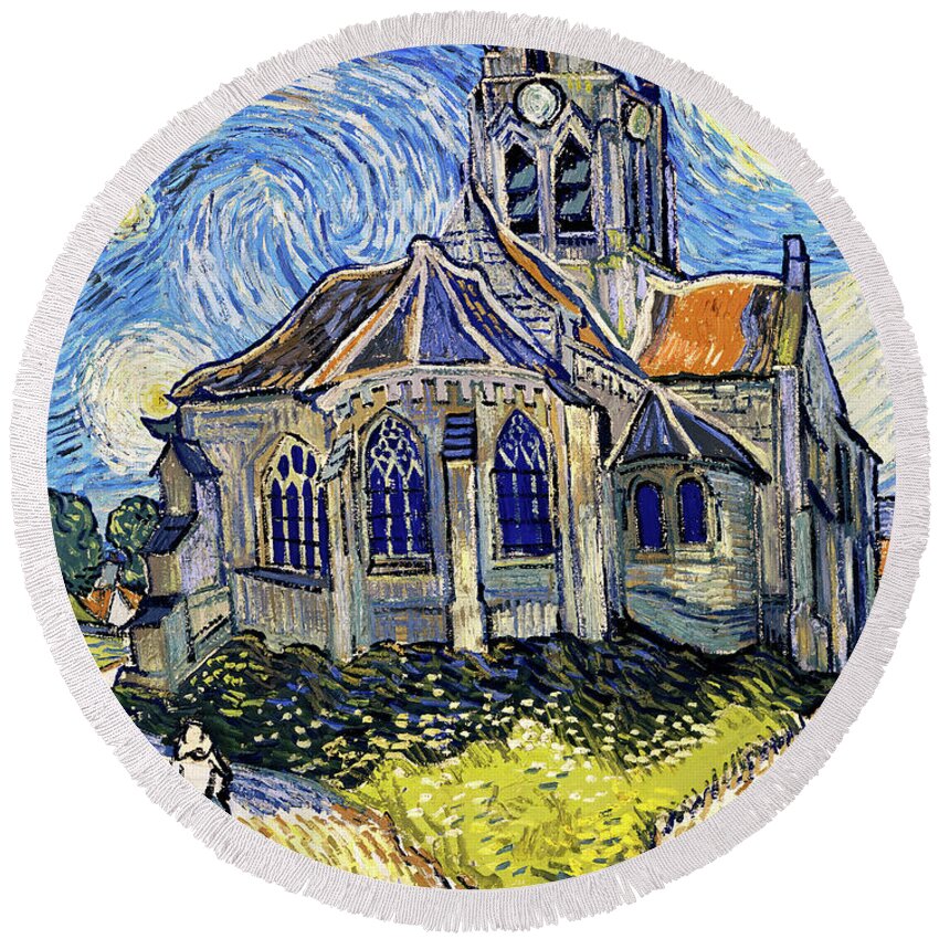 Van Gogh Round Beach Towel featuring the digital art The Church at Auvers on a Starry Night - digital recreation by Nicko Prints