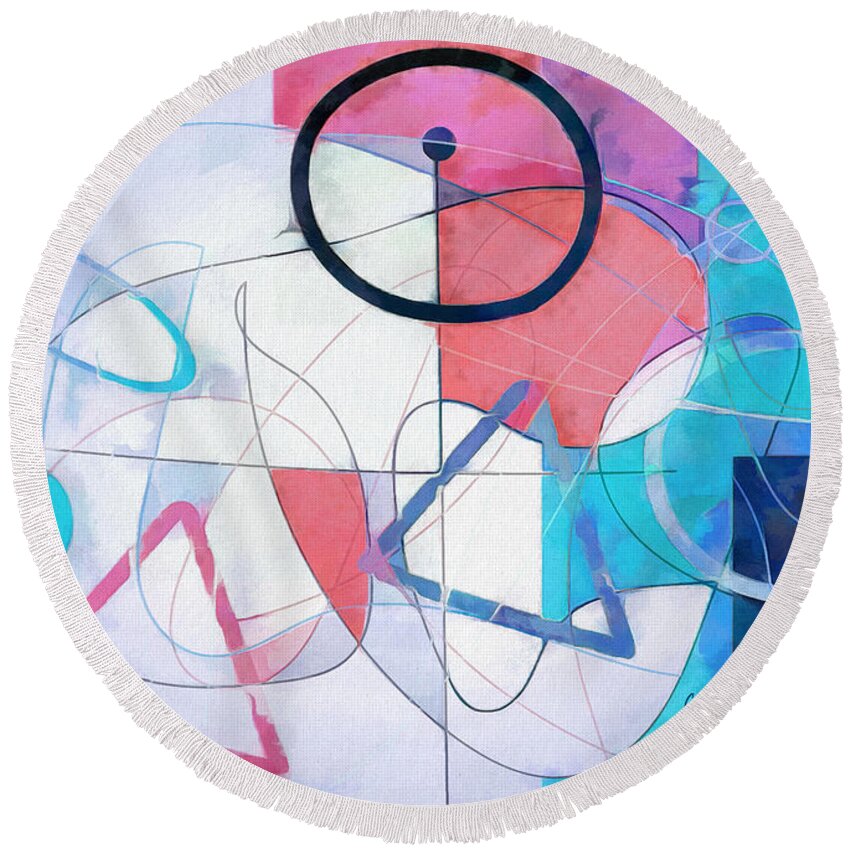 Abstract Round Beach Towel featuring the painting The Circle - Blue White and Pink Pastel Abstract Painting by Modern Abstract