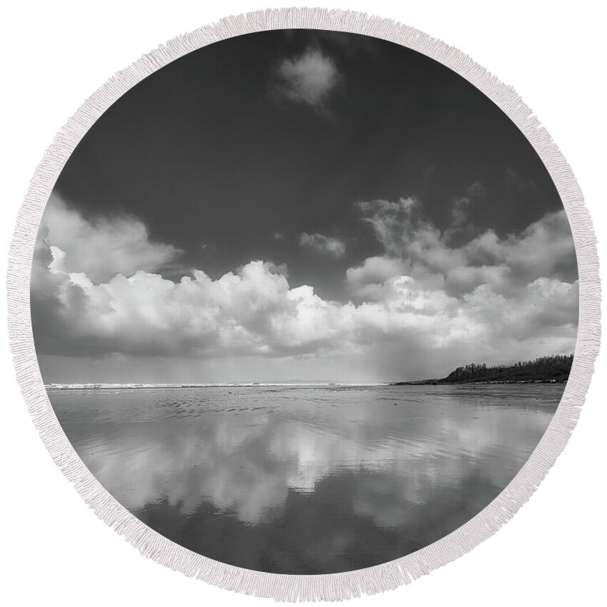 Black And White Photography Round Beach Towel featuring the photograph The Clouds and the Tide Black and White by Allan Van Gasbeck