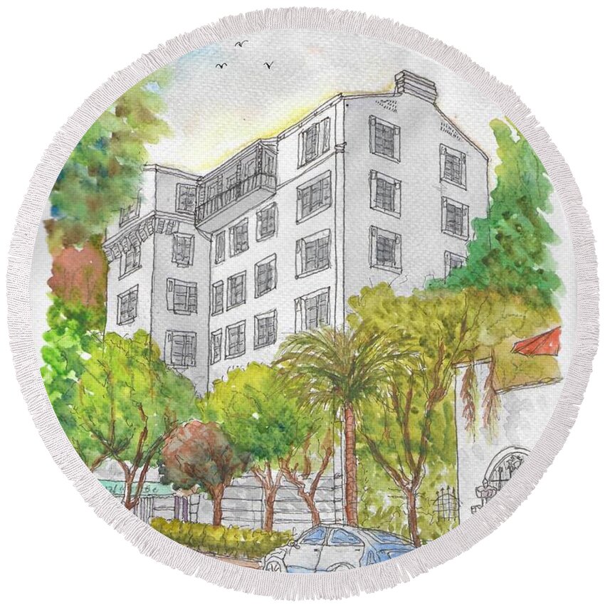 The Colonial House Round Beach Towel featuring the painting The Colonial House, 1416 Havenhurst Ave., West Hollywood, California by Carlos G Groppa