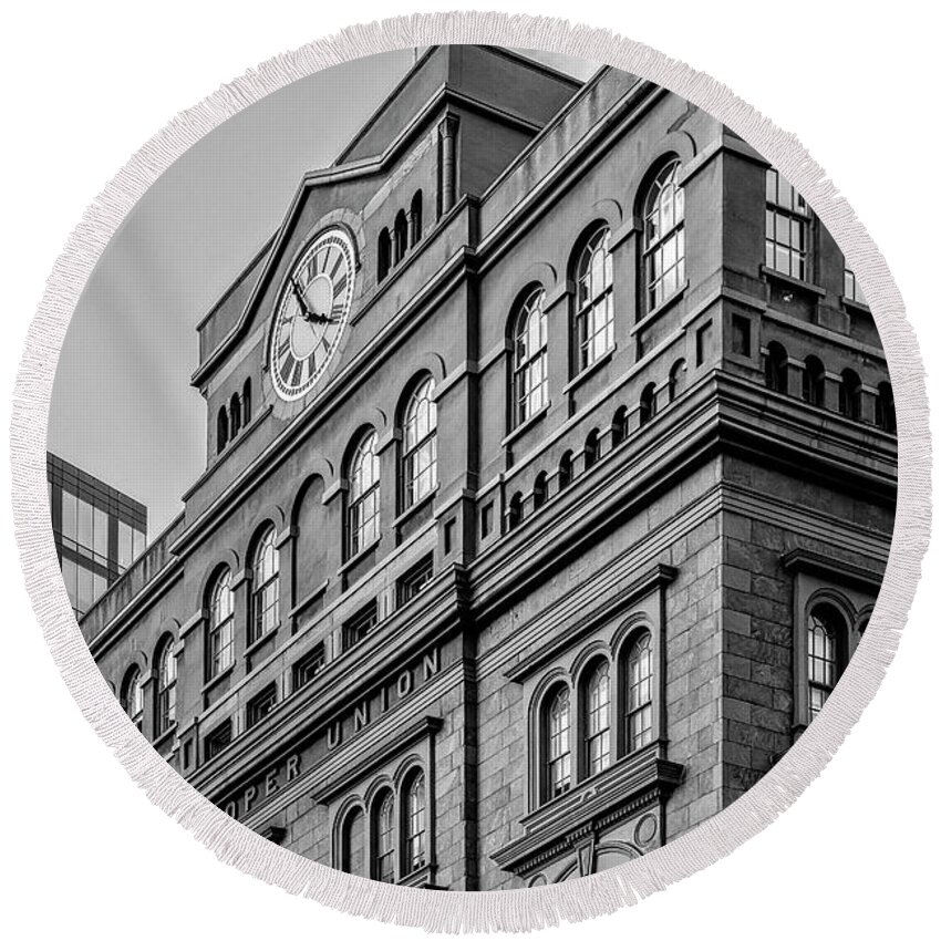 Cooper Union Round Beach Towel featuring the photograph The Cooper Union BW by Susan Candelario