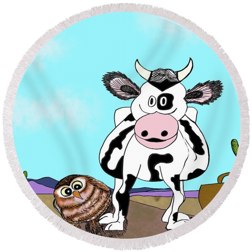 Cow Round Beach Towel featuring the digital art The Cow Who Went Looking for a Friend by Christina Wedberg