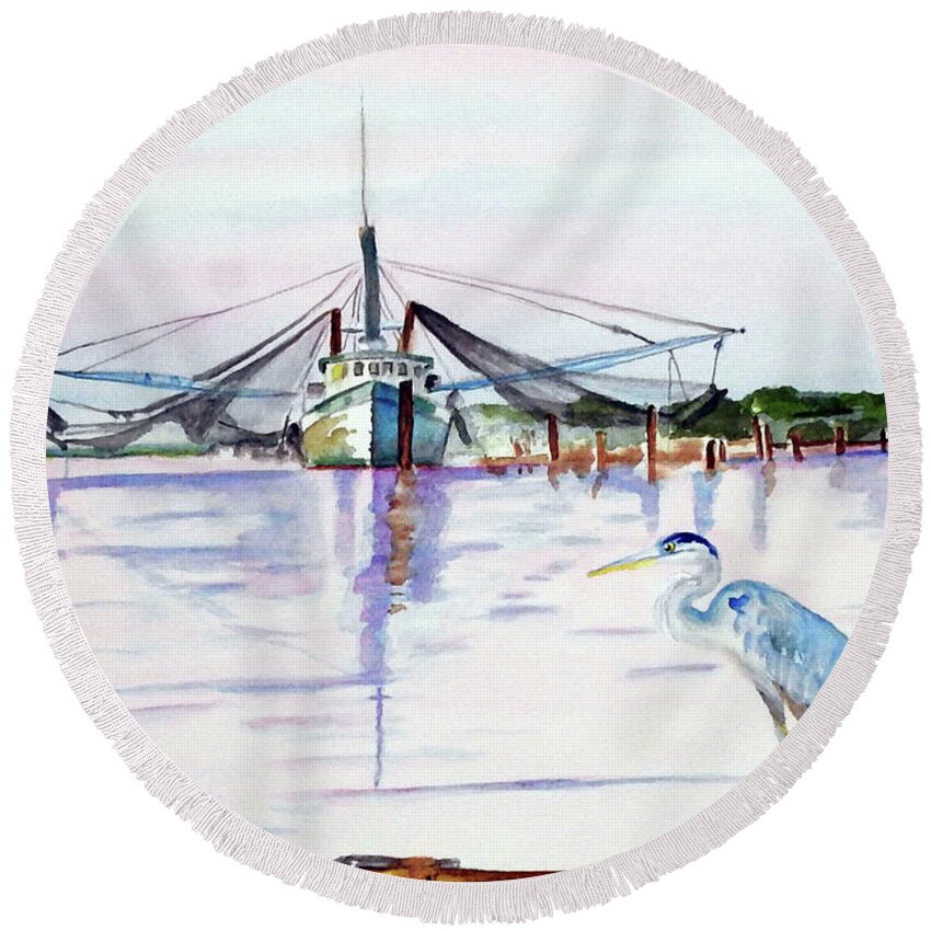 Blue Heron Round Beach Towel featuring the painting The Customer by Barbara F Johnson