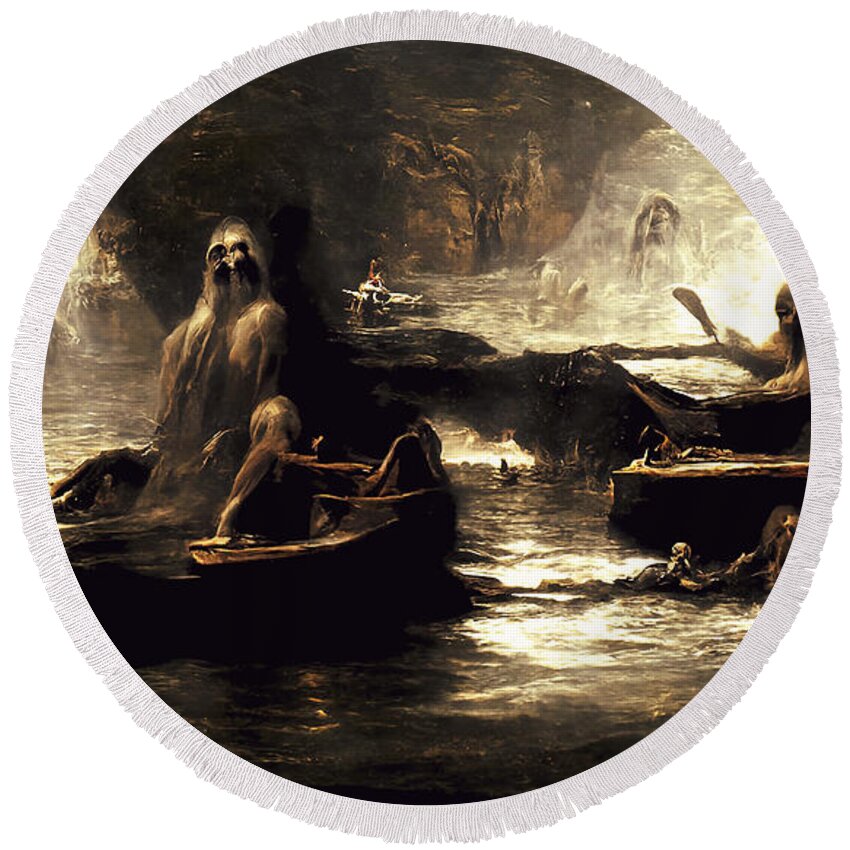 Styx Round Beach Towel featuring the painting The damned souls of the River Styx, 01 by AM FineArtPrints