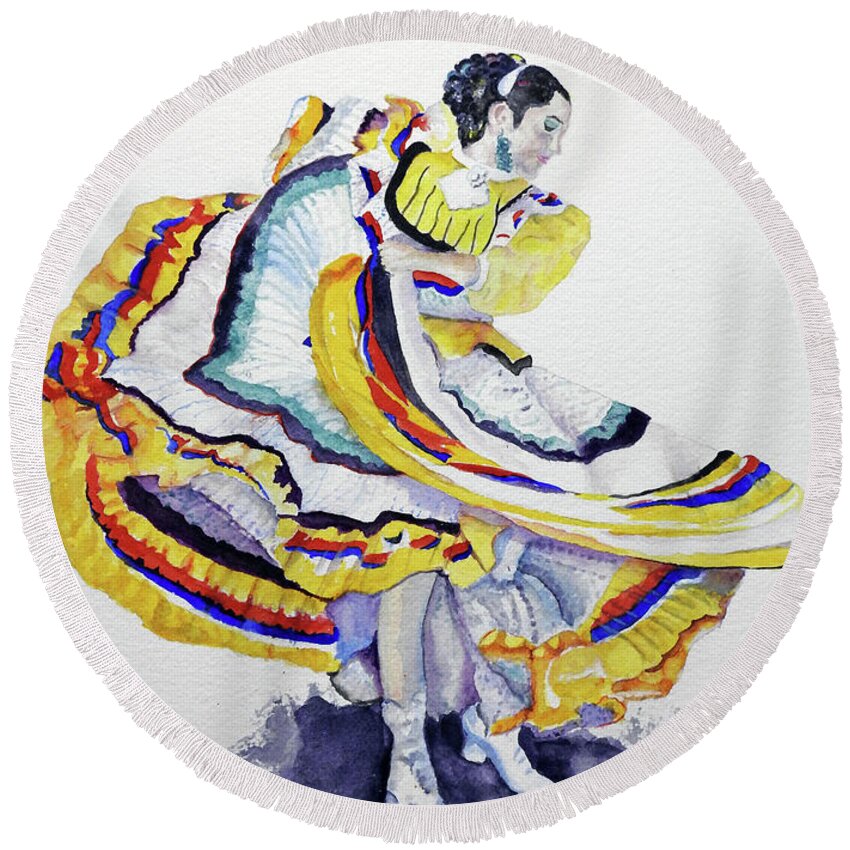 Ballet Folklorico Round Beach Towel featuring the painting The Dancer by Barbara F Johnson