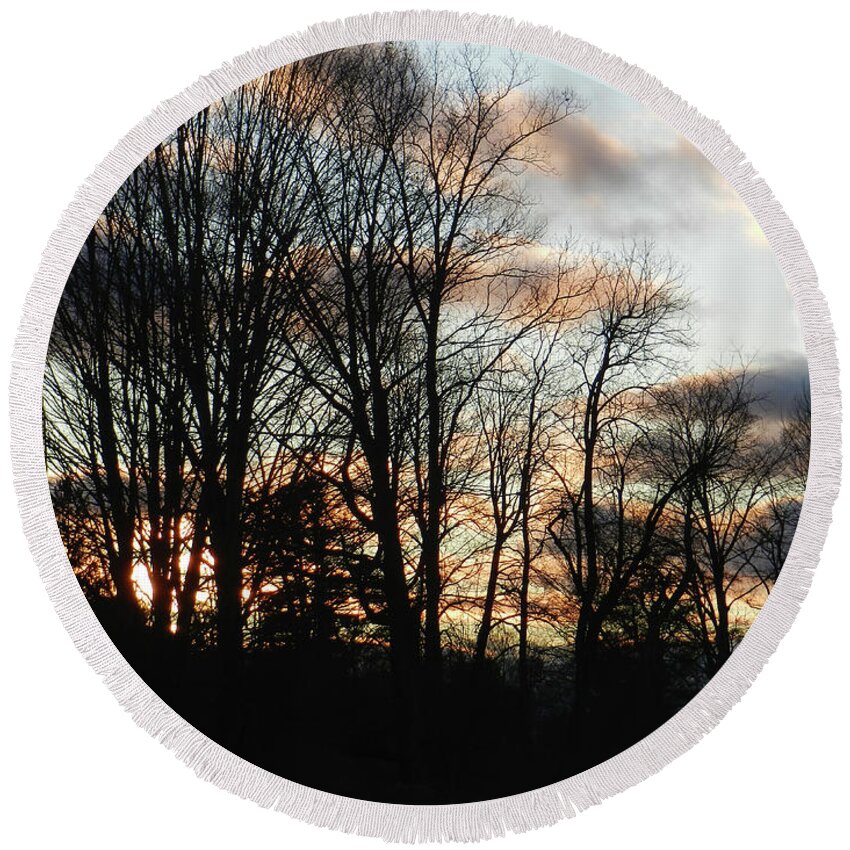 Sunset Round Beach Towel featuring the photograph The Dark Clouds Moving In, April, Saratoga County, NY by Lise Winne