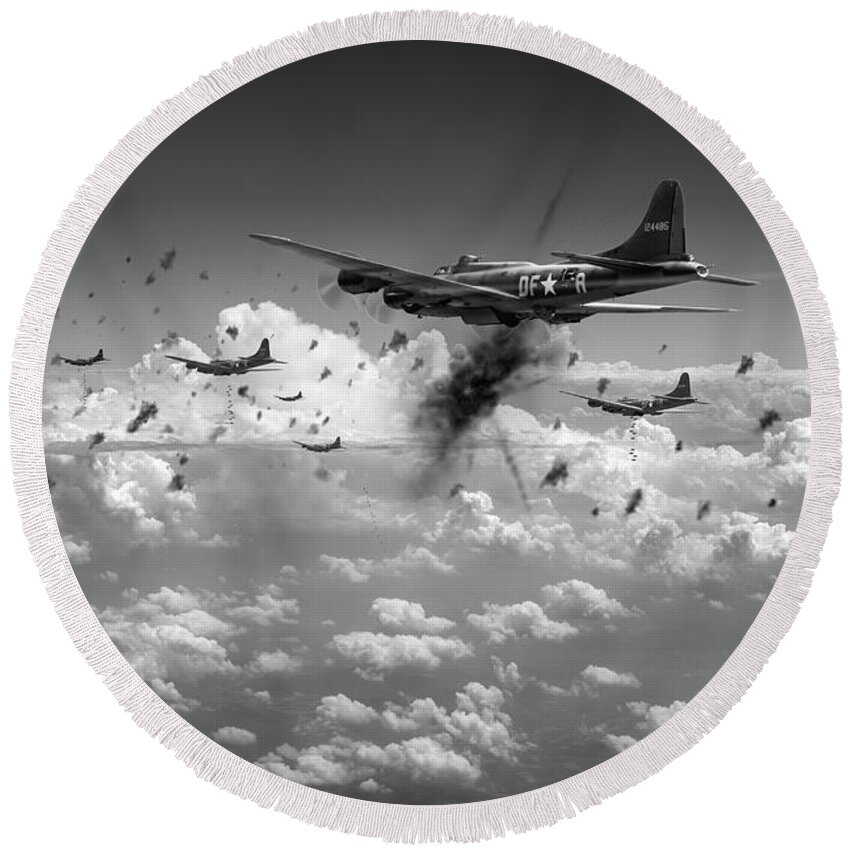 Flying Fortress Round Beach Towel featuring the photograph The day job black and white version by Gary Eason