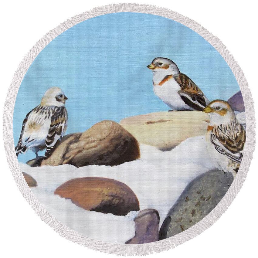 Snow Buntings Round Beach Towel featuring the painting The Debate by Tammy Taylor
