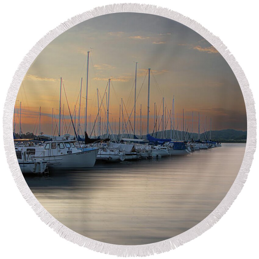 Sailboat Round Beach Towel featuring the photograph The docks by Jamie Tyler