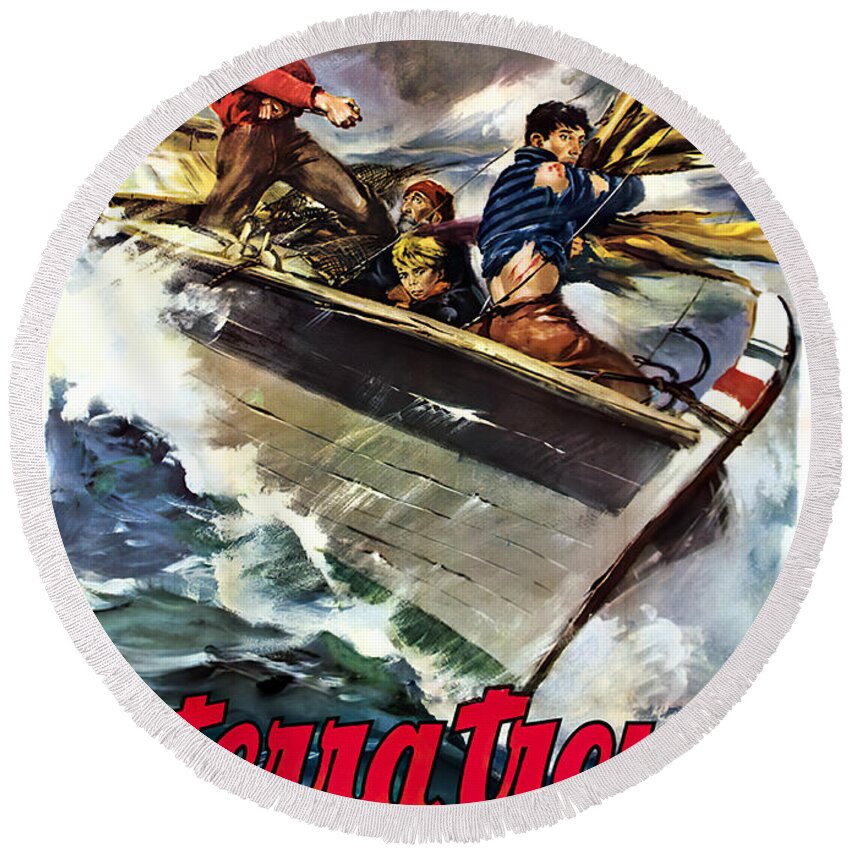 Cierello Round Beach Towel featuring the mixed media ''The Earth Trembles'', Italian movie 1948 by Movie World Posters