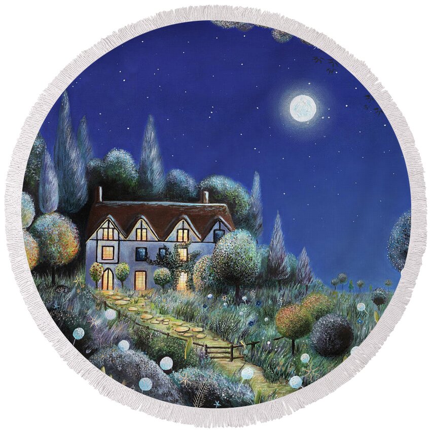 Enchanted Round Beach Towel featuring the painting The Enchanted Cottage by Rachel Emmett