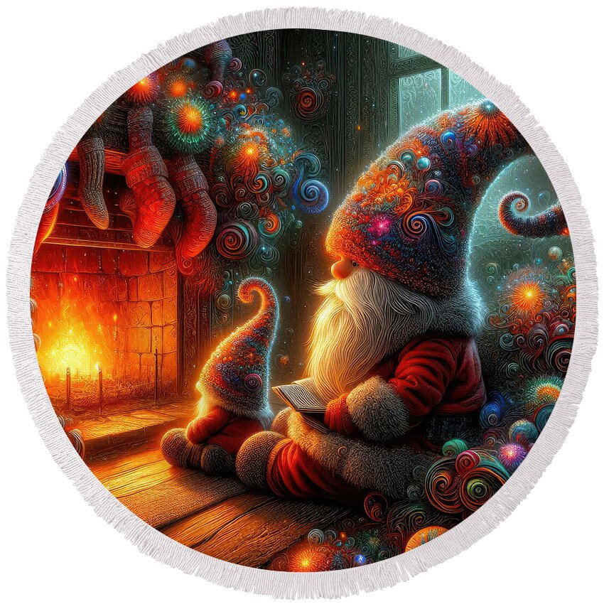 Whimsical Round Beach Towel featuring the digital art The Enchanted Eve of Yuletide Gnomes by Bill and Linda Tiepelman