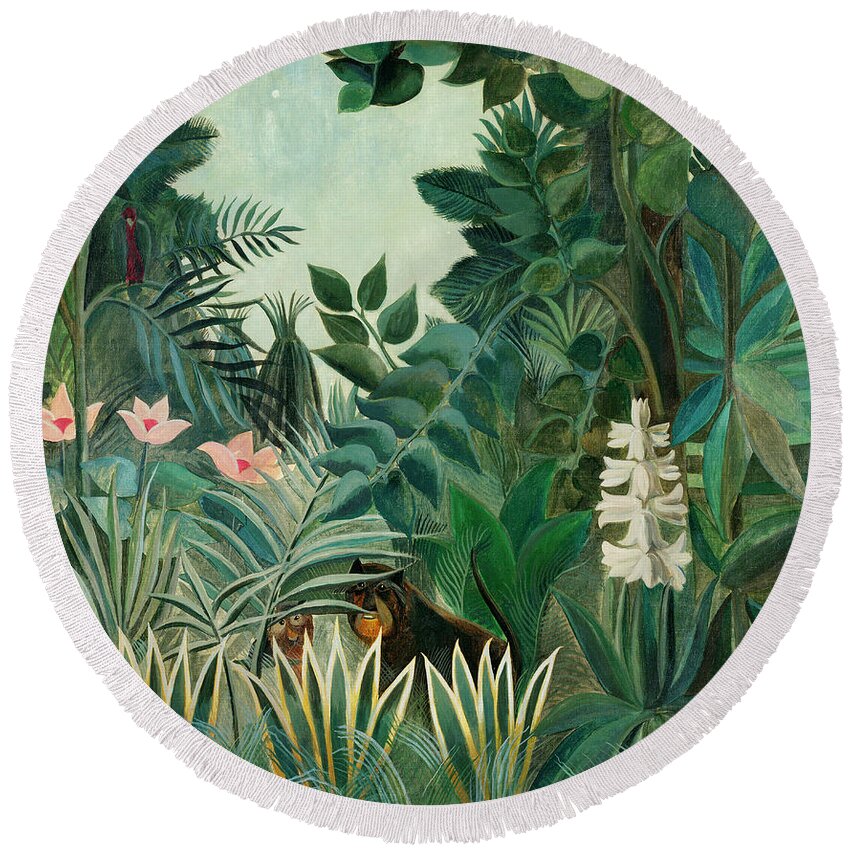 1900s Round Beach Towel featuring the painting The Equatorial Jungle by Henri Rousseau by - Henri Rousseau