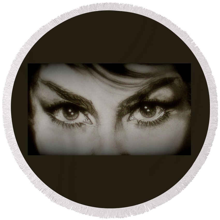 Charcoal Pencil On Paper Round Beach Towel featuring the drawing Gina Lollobrigida's Eyes - detail by Sean Connolly
