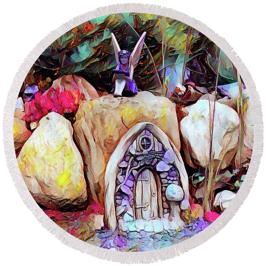Fairy Round Beach Towel featuring the painting The fairy's house by Patricia Piotrak