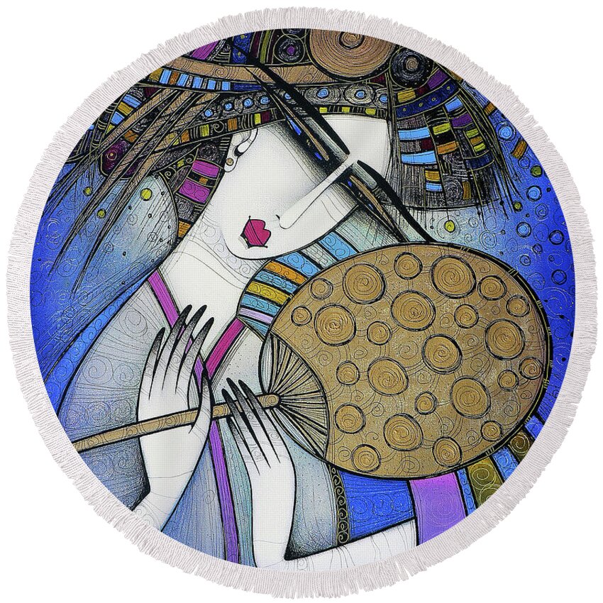 Violet Round Beach Towel featuring the painting The fan by Albena Vatcheva