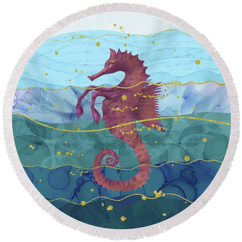 Fantastic Seahorse Round Beach Towel featuring the digital art The Fantastic Seahorse in the Ocean - A Surrealist Hippocampus Horse by Andreea Dumez