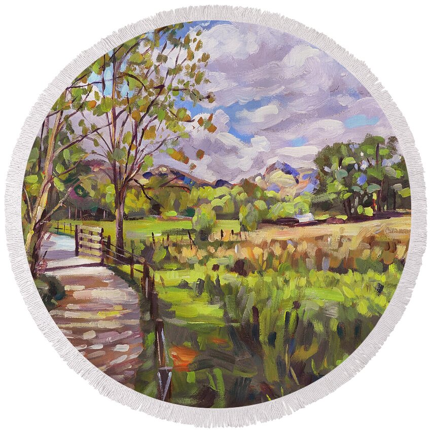 Landscape Round Beach Towel featuring the painting The Farm Gate by David Lloyd Glover