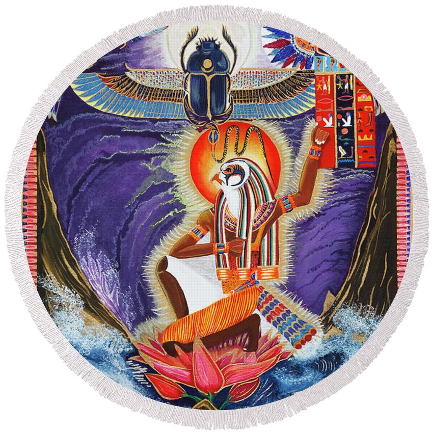 Ra Round Beach Towel featuring the mixed media The Father Ra by Ptahmassu Nofra-Uaa
