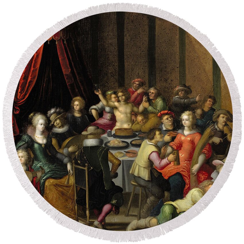 Louis De Caullery Round Beach Towel featuring the painting The Feast of Bacchus by Louis de Caullery