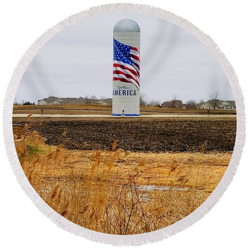 Corn Field Round Beach Towel featuring the photograph The Flag Silo by Fred Larucci