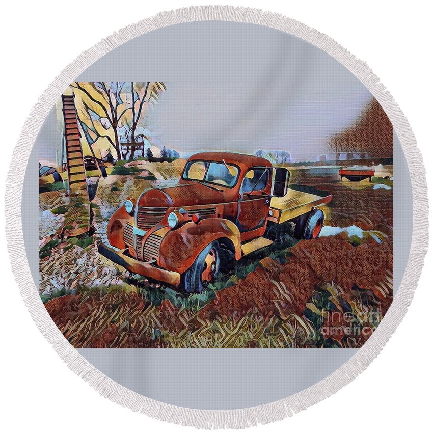 Truck Vehicle Vintage Digital Abstract Car Bag Pillow Round Beach Towel featuring the pyrography The Flatbed by Bradley Boug