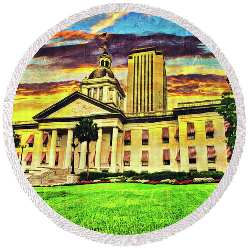 Florida State Capitol Round Beach Towel featuring the digital art The Florida State Capitol complex in Tallahassee, at sunset - oil painting by Nicko Prints