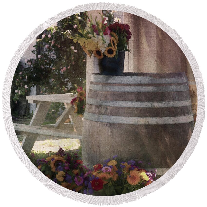 Rural Round Beach Towel featuring the photograph The Flower Barrel by Cathy Kovarik