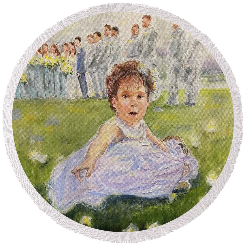 Flower Girl Round Beach Towel featuring the painting The flower girl by Nancy Anton