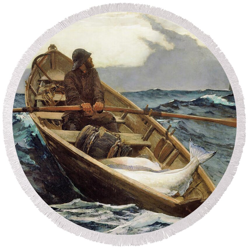 Winslow Homer Round Beach Towel featuring the painting The Fog Warning, Halibut Fishing - Digital Remastered Edition by Winslow Homer