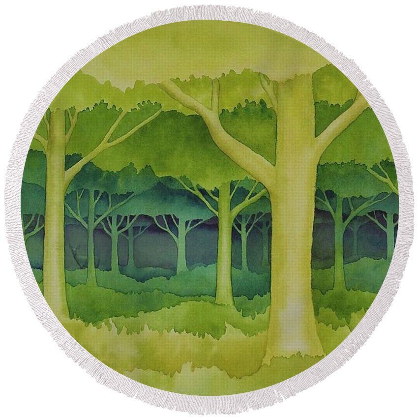 Kim Mcclinton Round Beach Towel featuring the painting The Forest for the Trees by Kim McClinton