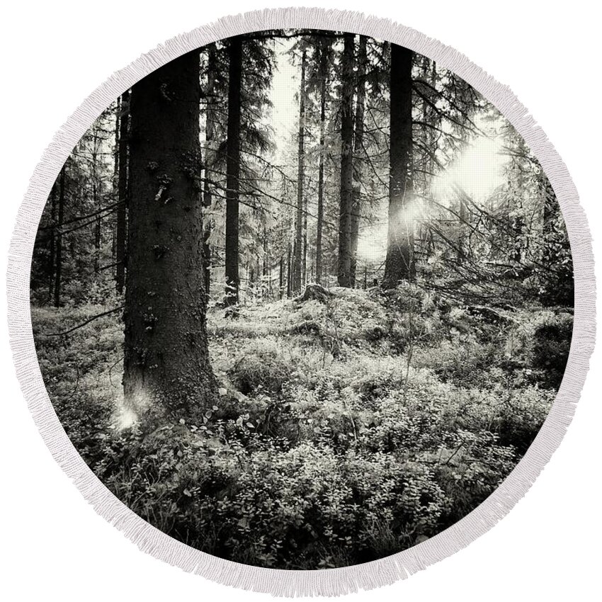 Infrapuna Round Beach Towel featuring the photograph The Forest in evening light BW IR by Jouko Lehto